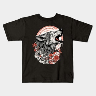 Vintage Japanese Tattoo Art Howling Wolf Kids T-Shirt